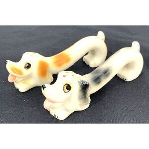 Long Dog Salt and Pepper Shakers Weiner Dachshund Porcelain 4.25" Vintage